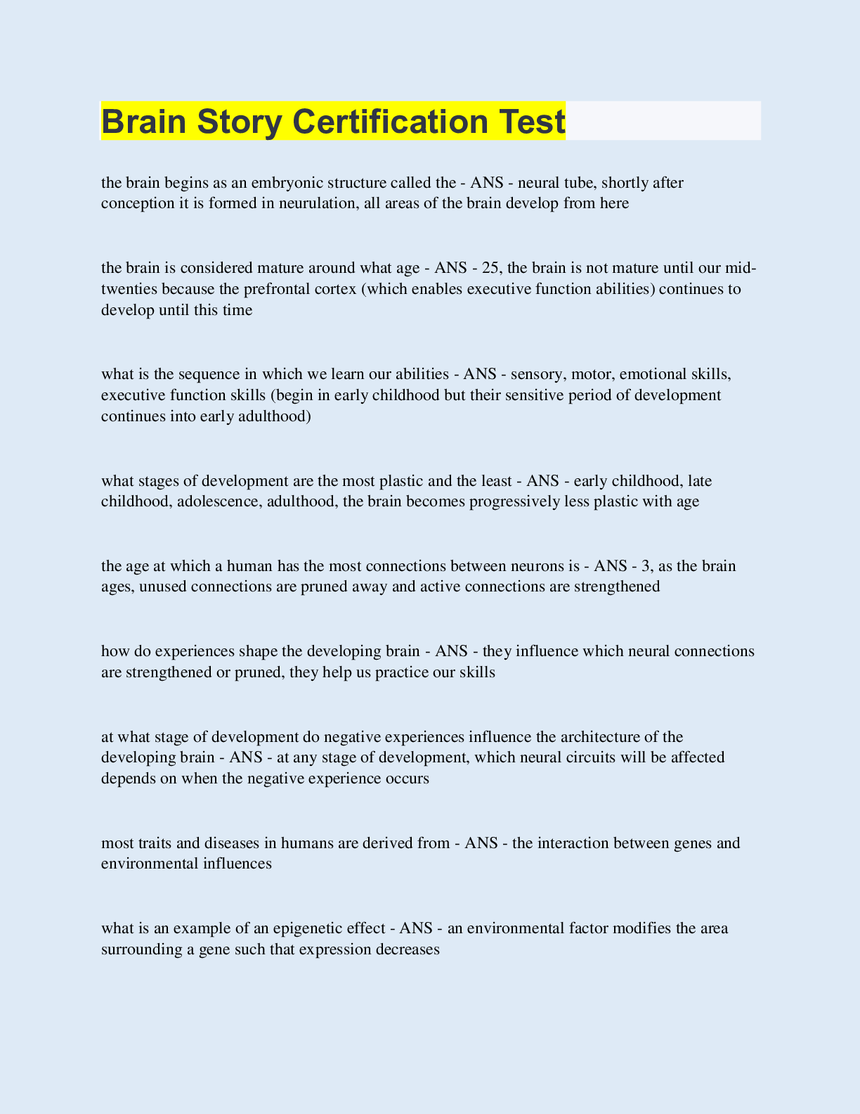 Preview image for Brain Story Certification Test | 40 Questions with 100% Correct Answers | Updated & Verified
